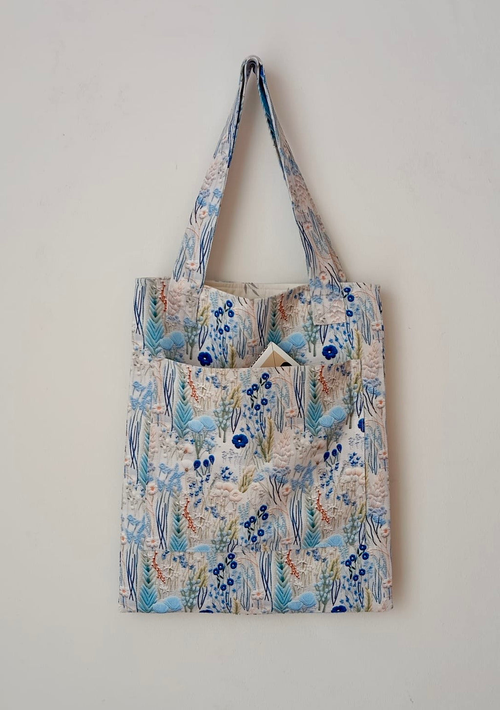 Mavi Kır Çiçekleri Desenli - Elyaf Dolgulu & Astarlı 3D Görünümlü Tote Çanta