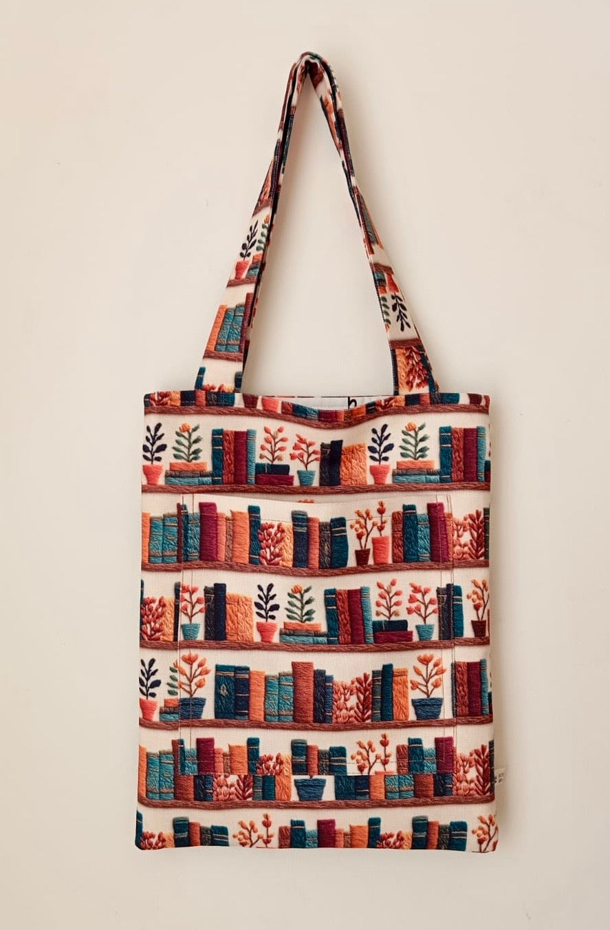 Kitap ve Bitki Desenli Dijital Baskı Tote Bag | Kitap Kurdu Omuz Çantası