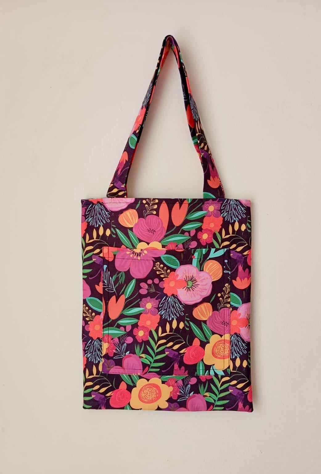 Renkli Çiçek Bahçesi Desenli Ön Cepli Tote Çanta - El Yapımı Günlük Omuz Çantası