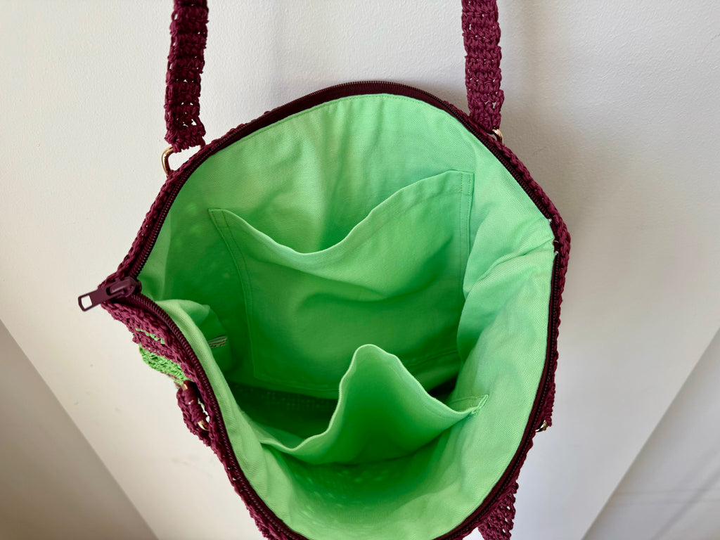 Astarlı ve Fermuarlı El Yapımı Omuz Çantası - Borde Yeşil Çizgili Kağıt İp Çanta