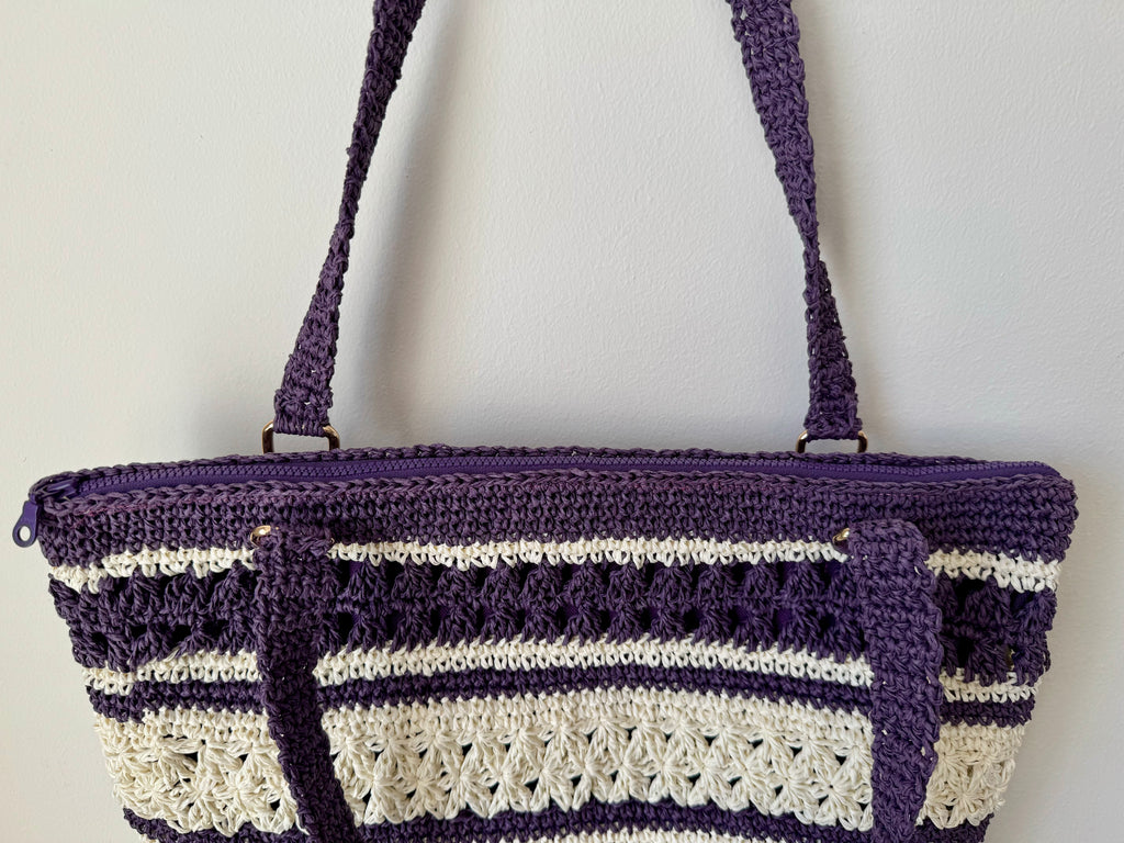 Astarlı ve Fermuarlı El Yapımı Omuz Çantası - Krem Mor Çizgili Kağıt İp Çanta