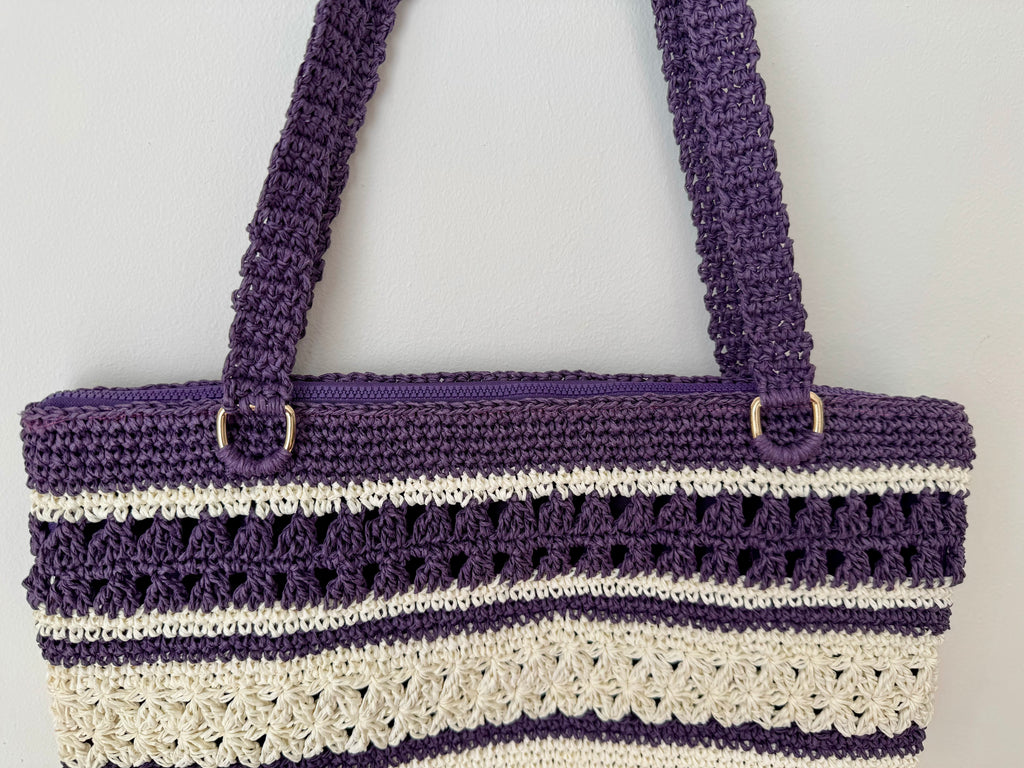 Astarlı ve Fermuarlı El Yapımı Omuz Çantası - Krem Mor Çizgili Kağıt İp Çanta