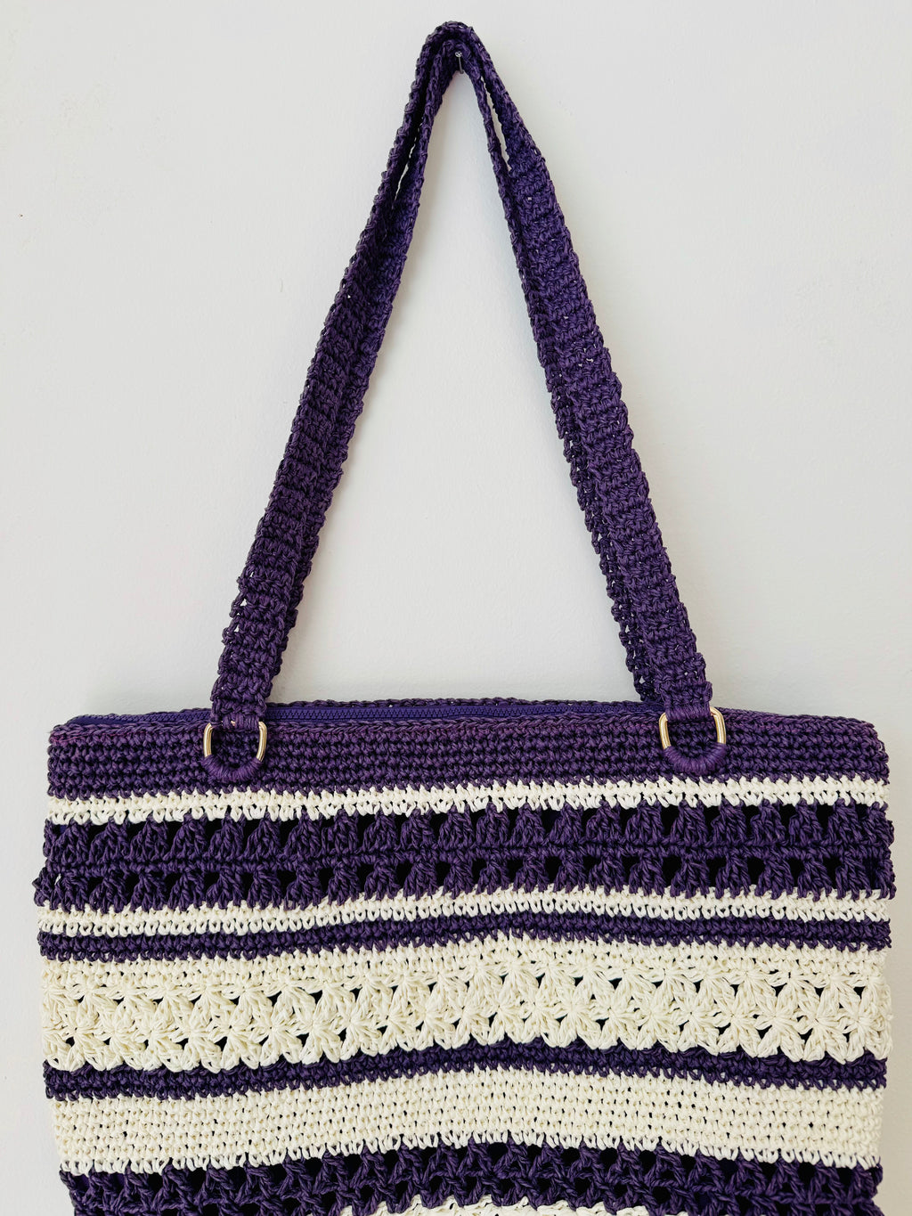 Astarlı ve Fermuarlı El Yapımı Omuz Çantası - Krem Mor Çizgili Kağıt İp Çanta