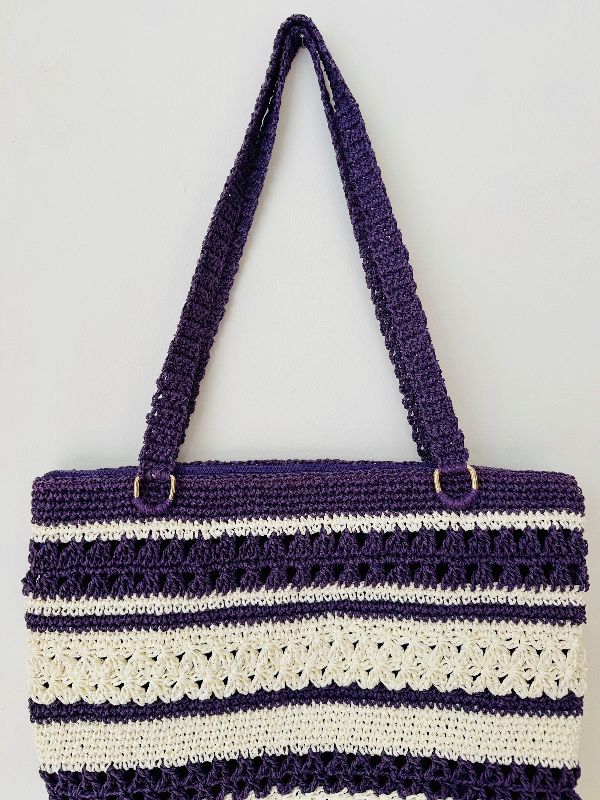 Astarlı ve Fermuarlı El Yapımı Omuz Çantası - Krem Mor Çizgili Kağıt İp Çanta