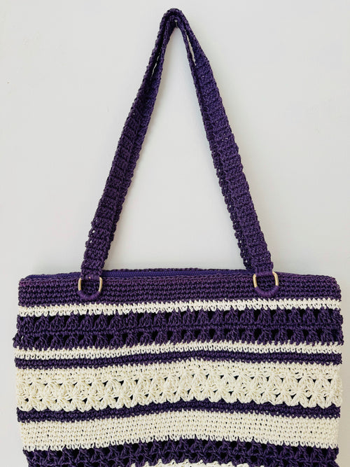 Astarlı ve Fermuarlı El Yapımı Omuz Çantası - Krem Mor Çizgili Kağıt İp Çanta