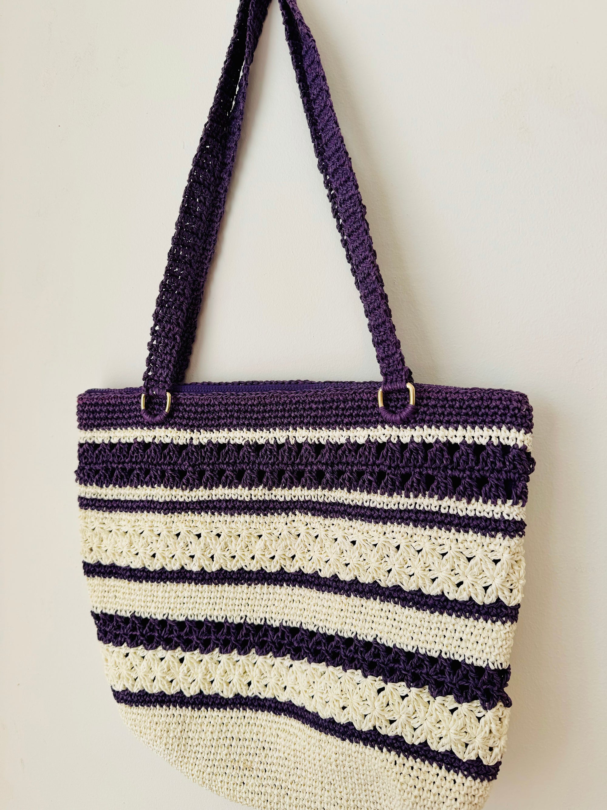 Astarlı ve Fermuarlı El Yapımı Omuz Çantası - Krem Mor Çizgili Kağıt İp Çanta