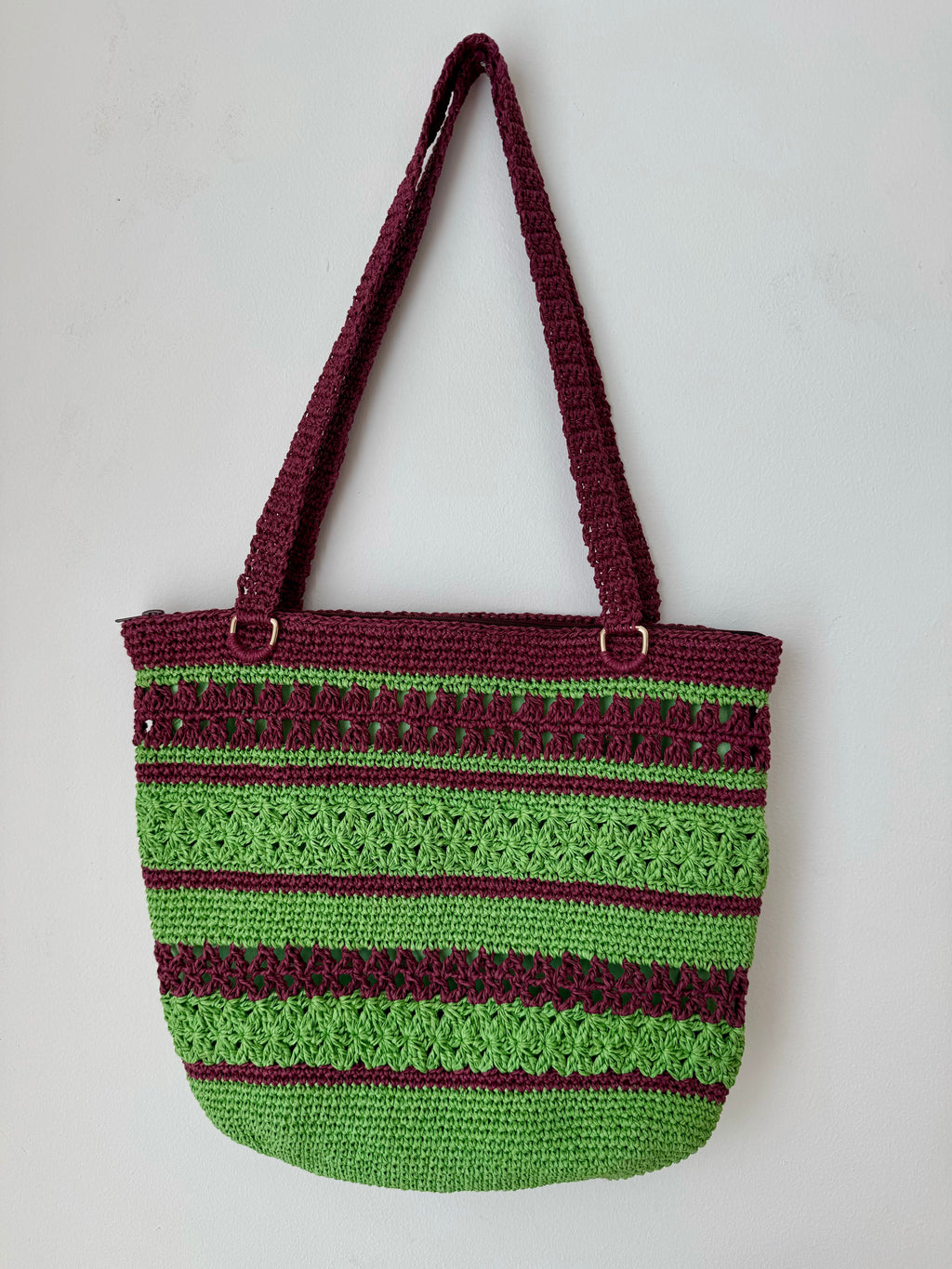 Astarlı ve Fermuarlı El Yapımı Omuz Çantası - Borde Yeşil Çizgili Kağıt İp Çanta