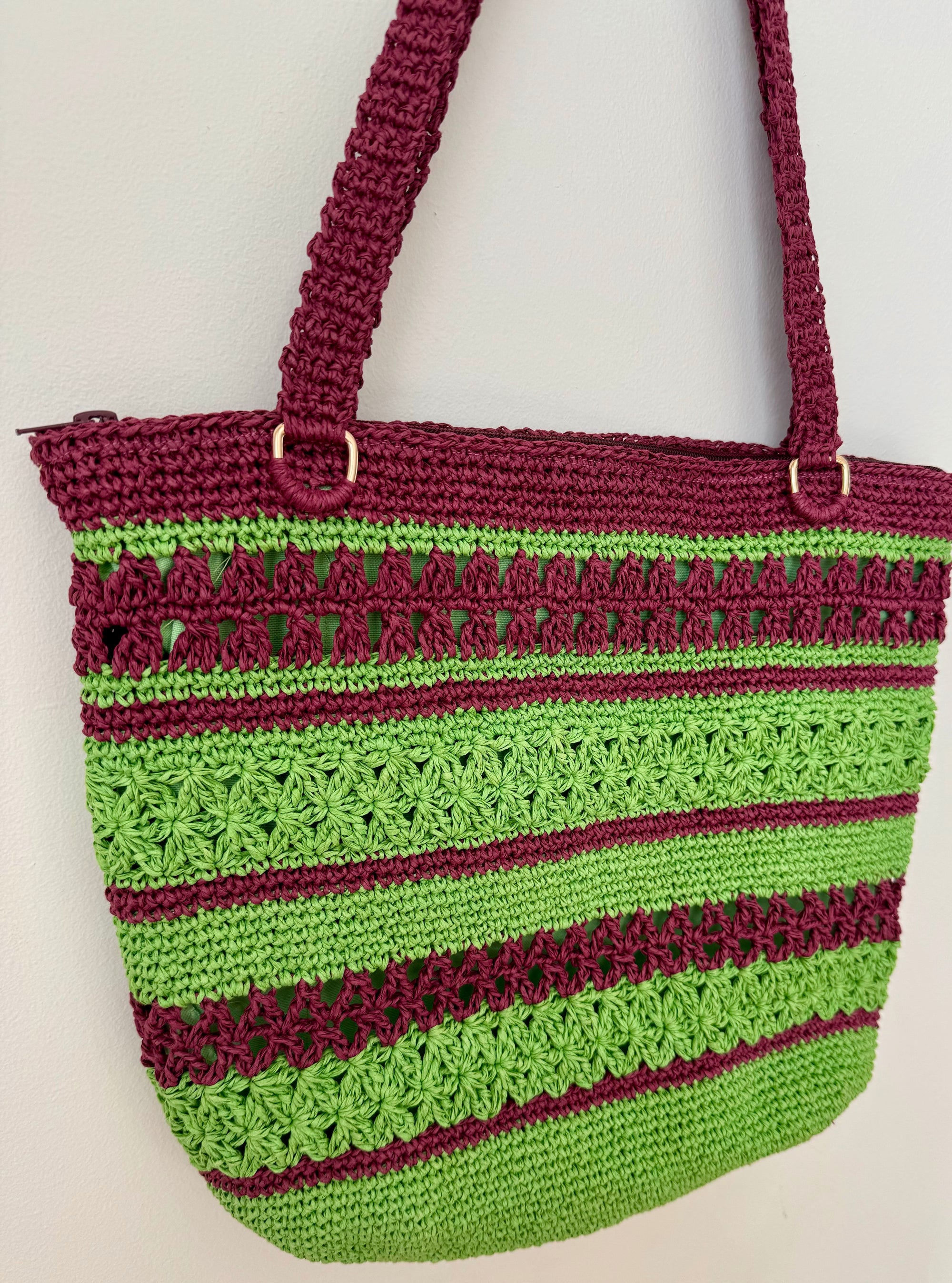 Astarlı ve Fermuarlı El Yapımı Omuz Çantası - Borde Yeşil Çizgili Kağıt İp Çanta