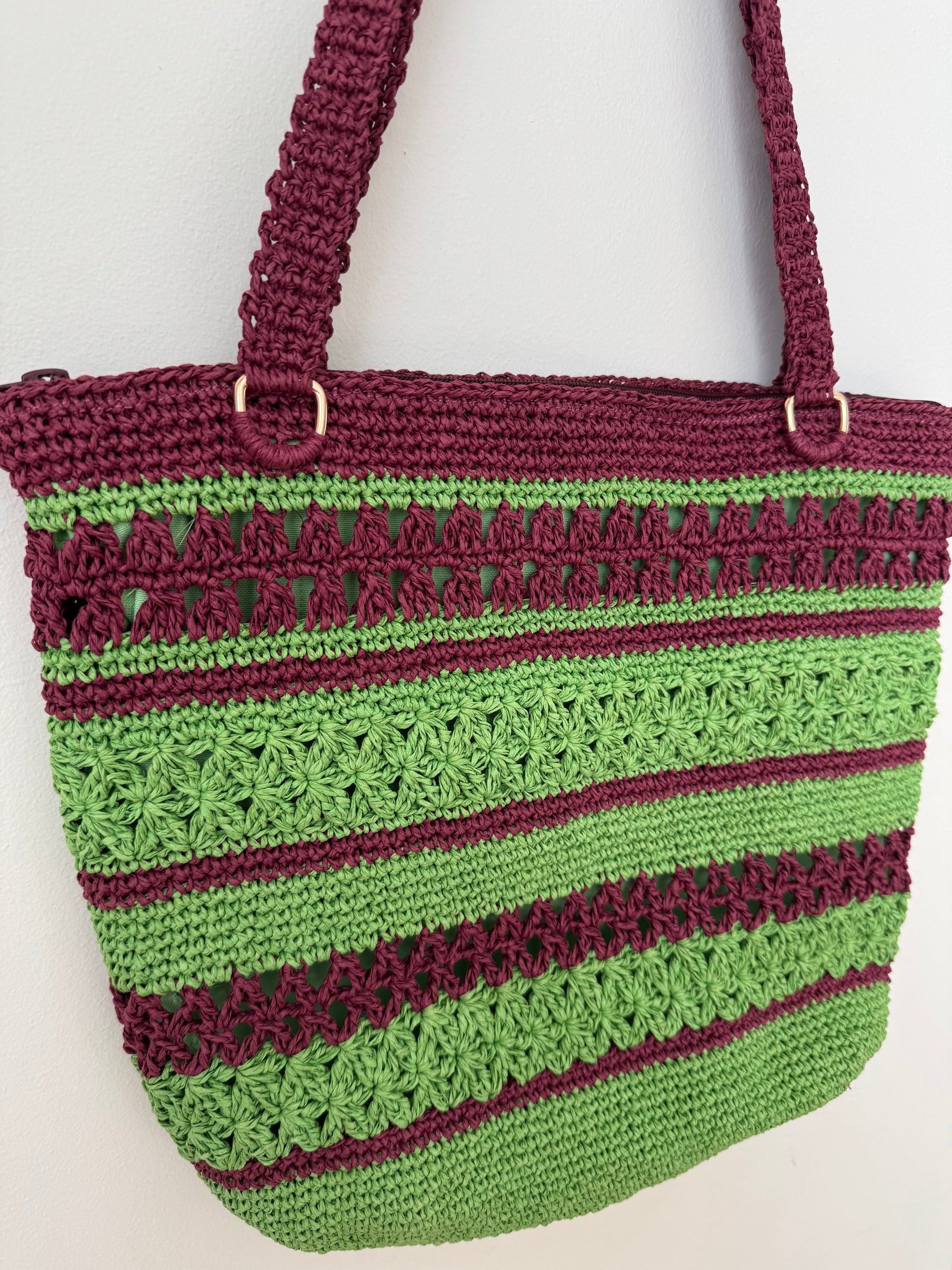 Astarlı ve Fermuarlı El Yapımı Omuz Çantası - Borde Yeşil Çizgili Kağıt İp Çanta