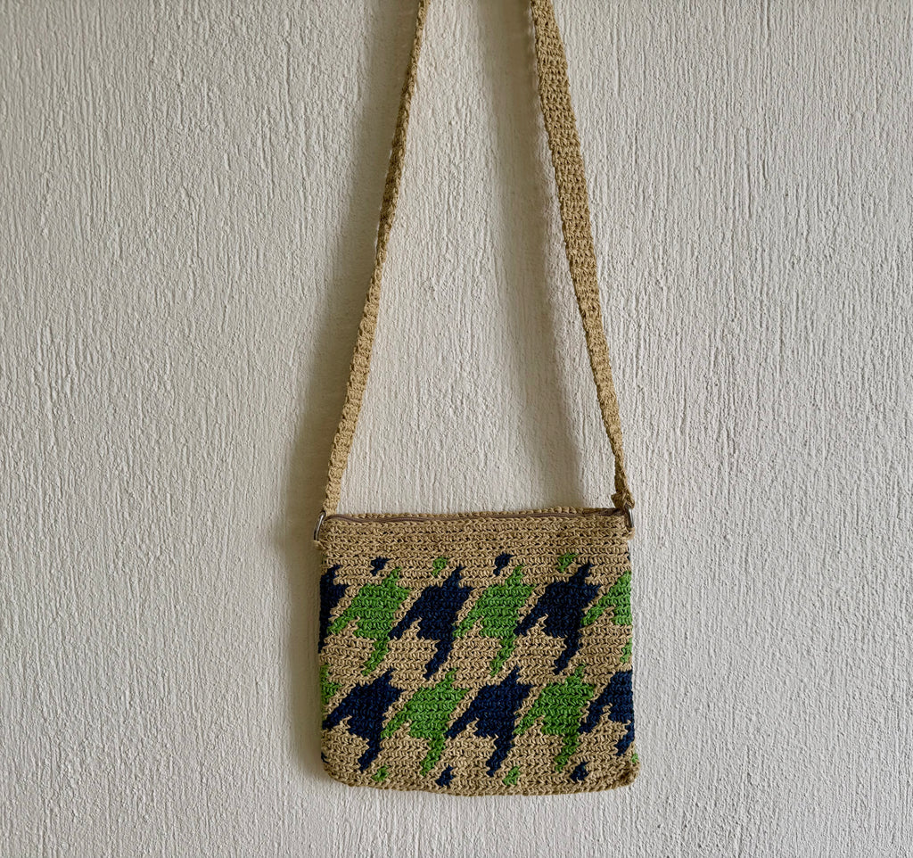 Kahve/Yeşil/Lacivert - El Yapımı Wayuu Örgü Çanta - Kağıt İpten Astarlı & Cepli, Fermuarlı, Özel Tasarım Çapraz Çanta