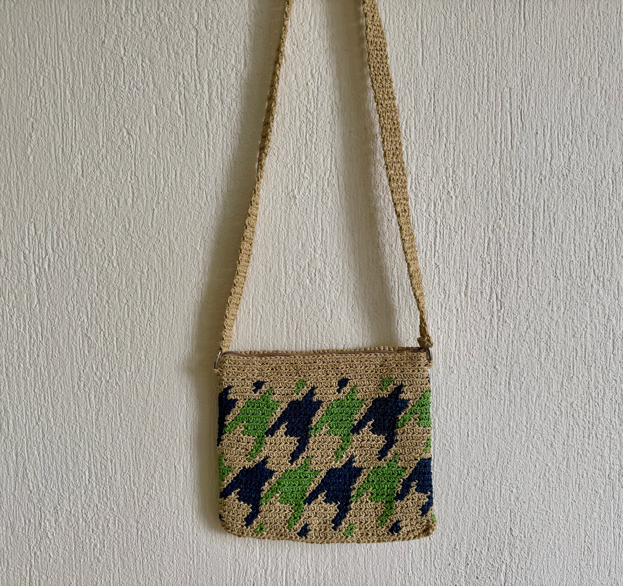 Kahve/Yeşil/Lacivert - El Yapımı Wayuu Örgü Çanta - Kağıt İpten Astarlı & Cepli, Fermuarlı, Özel Tasarım Çapraz Çanta