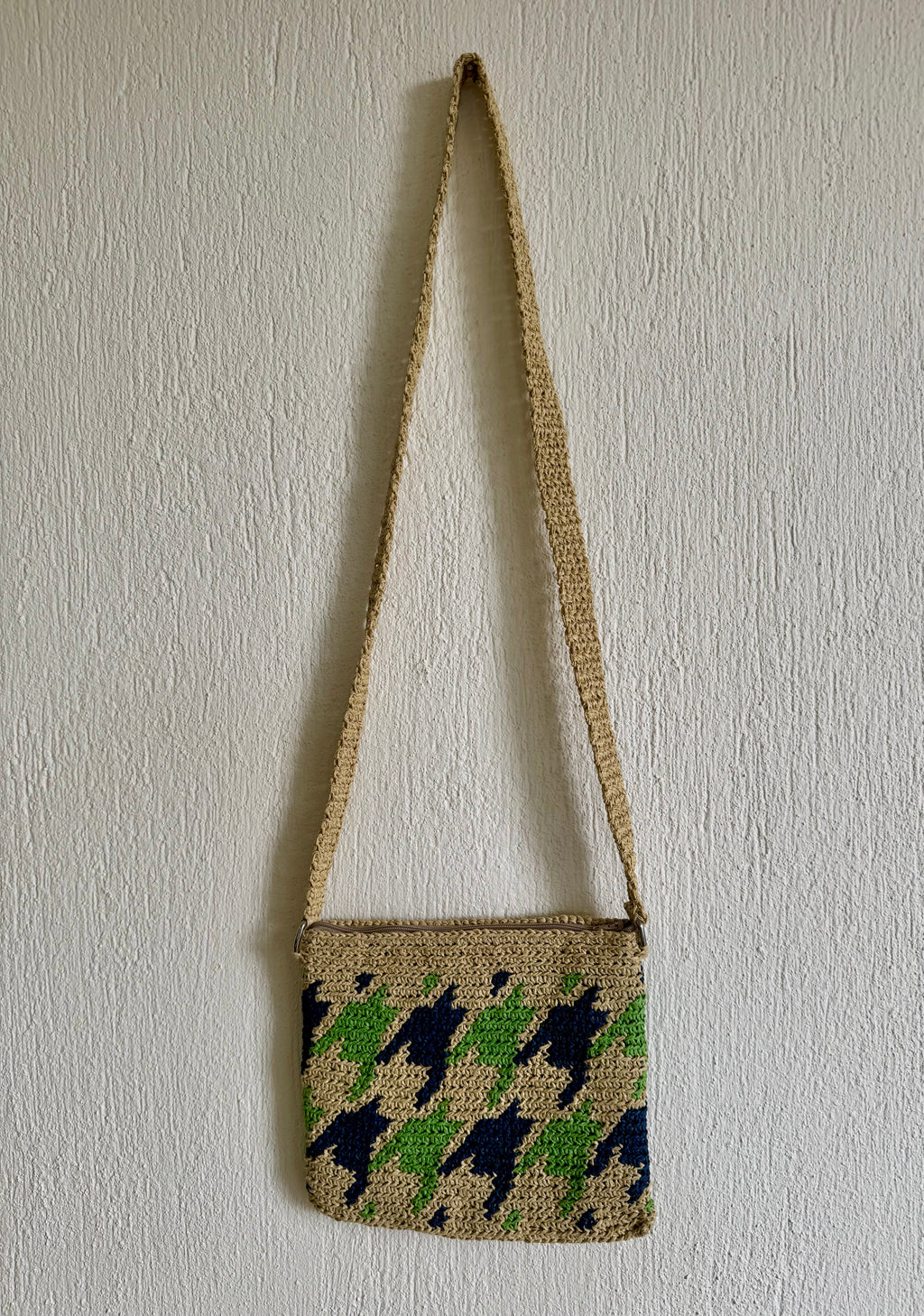 Kahve/Yeşil/Lacivert - El Yapımı Wayuu Örgü Çanta - Kağıt İpten Astarlı & Cepli, Fermuarlı, Özel Tasarım Çapraz Çanta