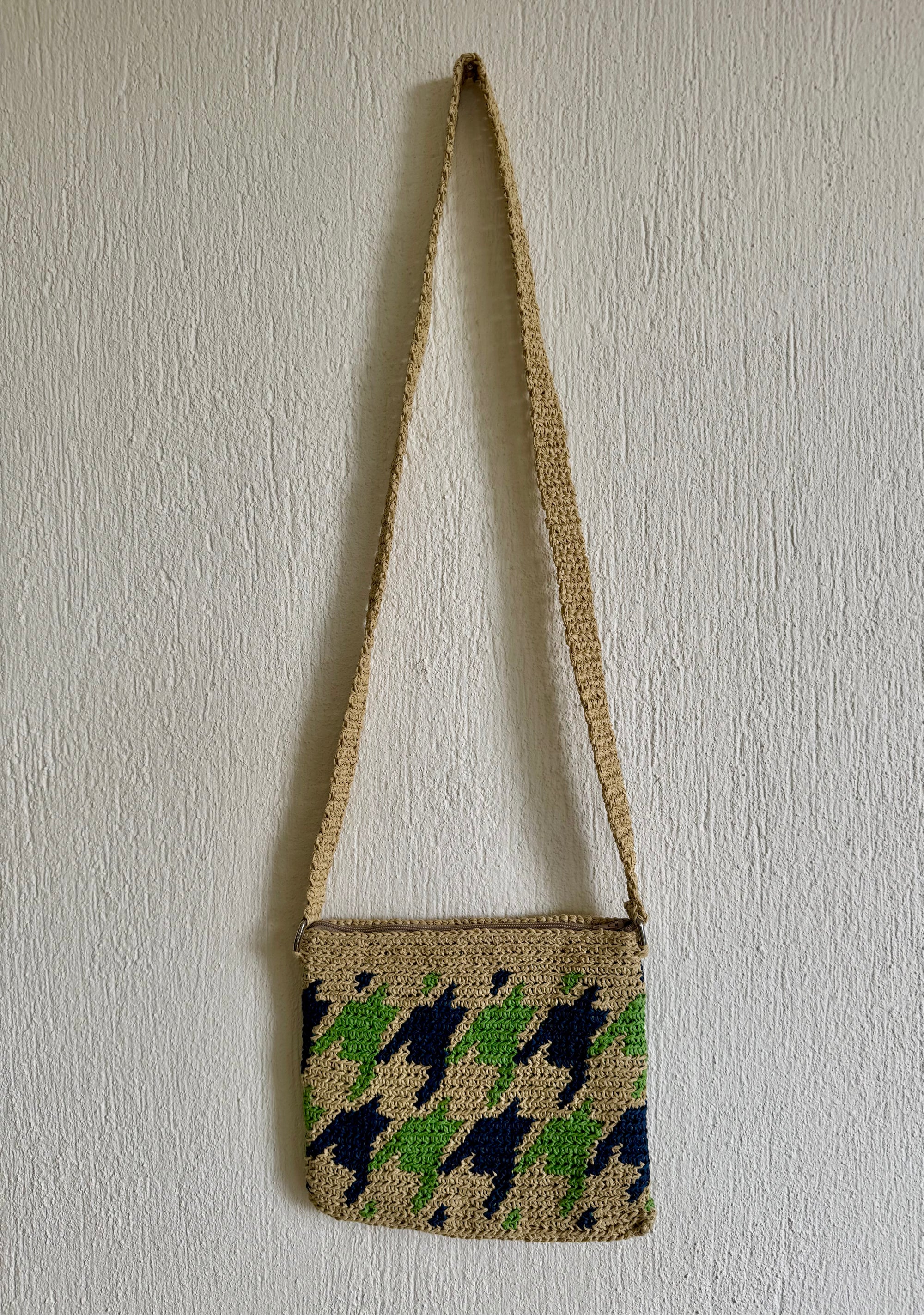 Kahve/Yeşil/Lacivert - El Yapımı Wayuu Örgü Çanta - Kağıt İpten Astarlı & Cepli, Fermuarlı, Özel Tasarım Çapraz Çanta