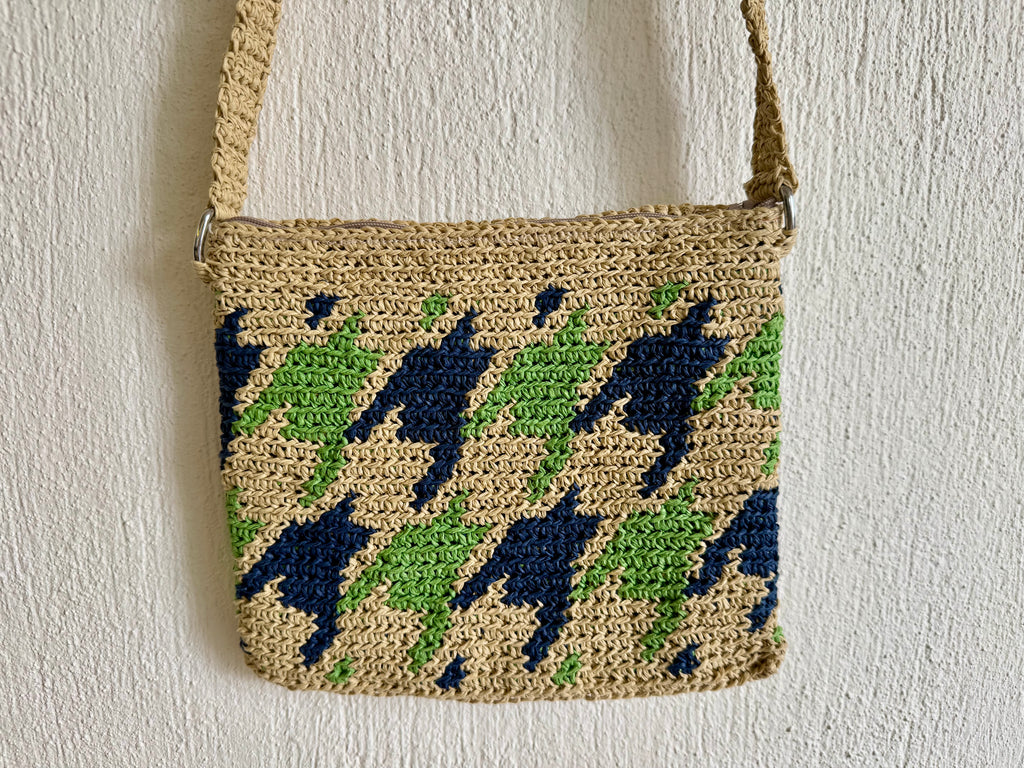 Kahve/Yeşil/Lacivert - El Yapımı Wayuu Örgü Çanta - Kağıt İpten Astarlı & Cepli, Fermuarlı, Özel Tasarım Çapraz Çanta
