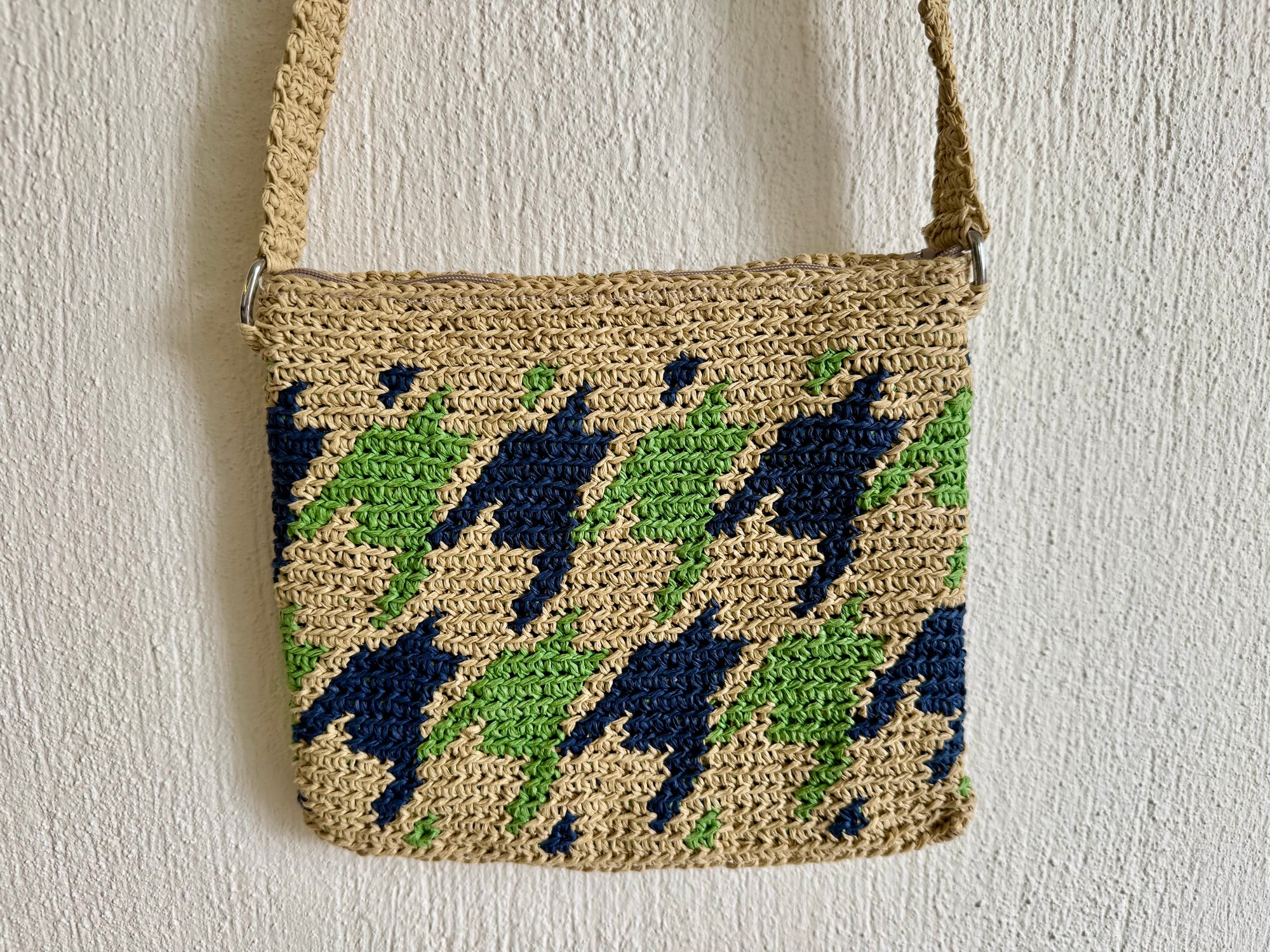 Kahve/Yeşil/Lacivert - El Yapımı Wayuu Örgü Çanta - Kağıt İpten Astarlı & Cepli, Fermuarlı, Özel Tasarım Çapraz Çanta