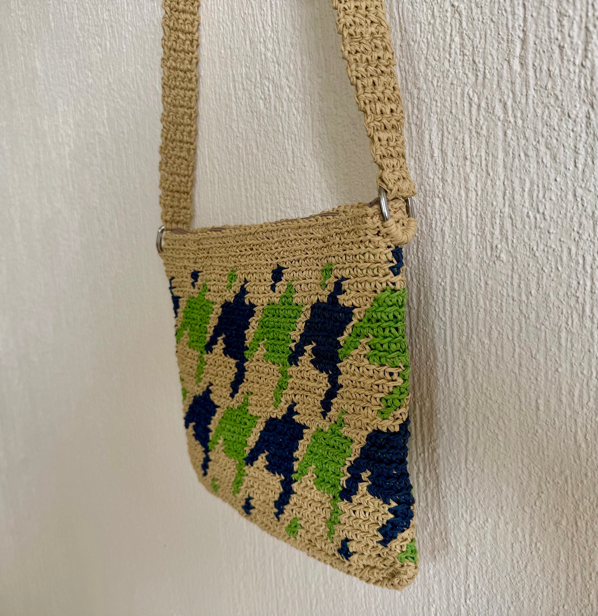 Kahve/Yeşil/Lacivert - El Yapımı Wayuu Örgü Çanta - Kağıt İpten Astarlı & Cepli, Fermuarlı, Özel Tasarım Çapraz Çanta