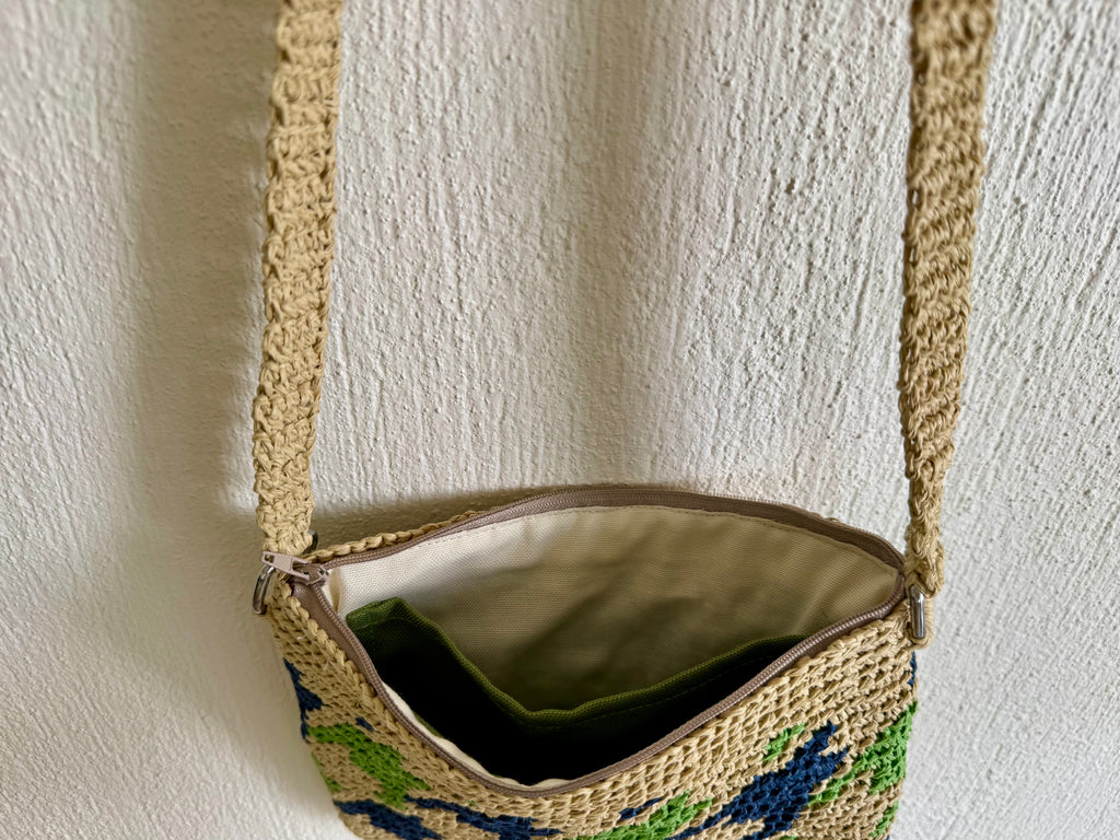 Kahve/Yeşil/Lacivert - El Yapımı Wayuu Örgü Çanta - Kağıt İpten Astarlı & Cepli, Fermuarlı, Özel Tasarım Çapraz Çanta