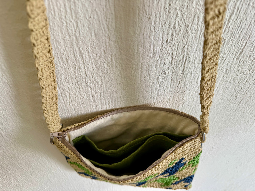 Kahve/Yeşil/Lacivert - El Yapımı Wayuu Örgü Çanta - Kağıt İpten Astarlı & Cepli, Fermuarlı, Özel Tasarım Çapraz Çanta