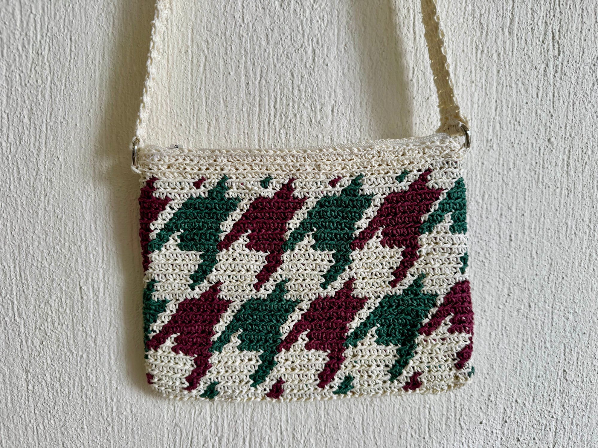Ekru/Bordo/Yeşil - El Yapımı Wayuu Örgü Çanta - Kağıt İpten Astarlı & Cepli, Fermuarlı, Özel Tasarım Çapraz Çanta