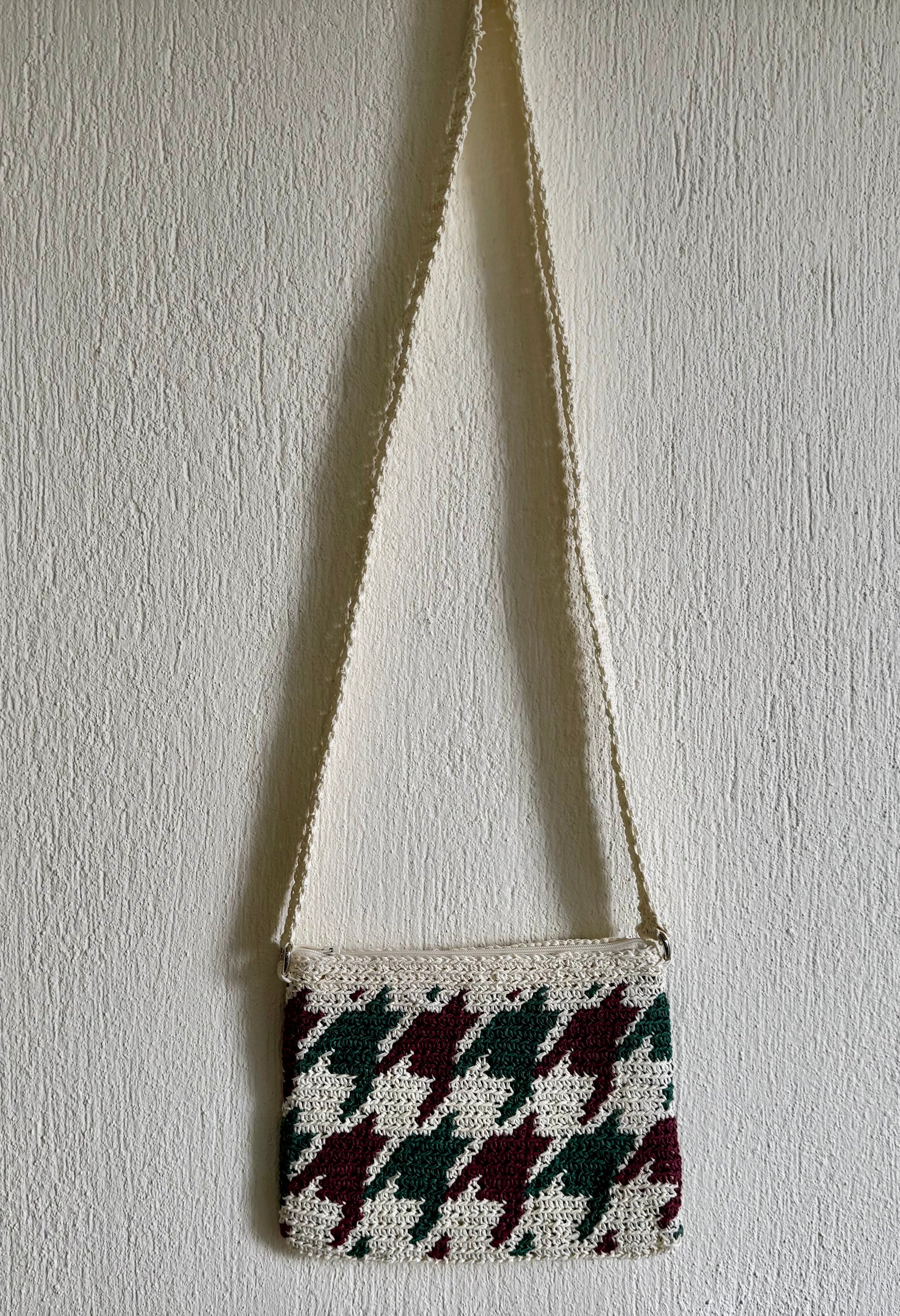 Ekru/Bordo/Yeşil - El Yapımı Wayuu Örgü Çanta - Kağıt İpten Astarlı & Cepli, Fermuarlı, Özel Tasarım Çapraz Çanta