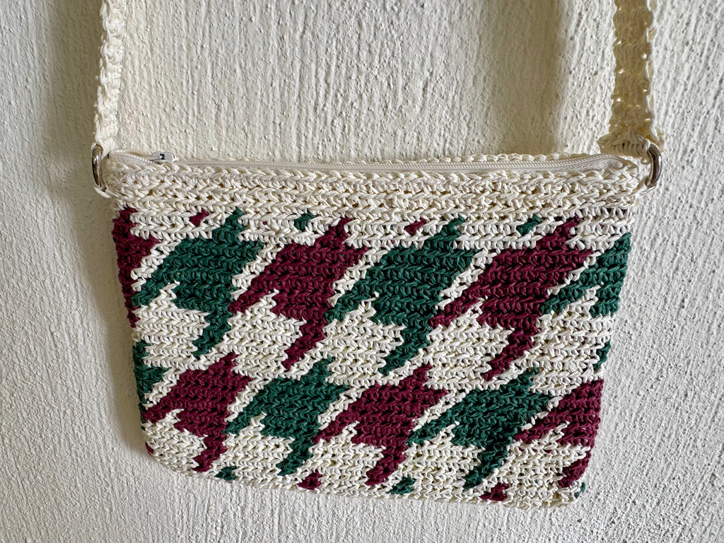 Ekru/Bordo/Yeşil - El Yapımı Wayuu Örgü Çanta - Kağıt İpten Astarlı & Cepli, Fermuarlı, Özel Tasarım Çapraz Çanta