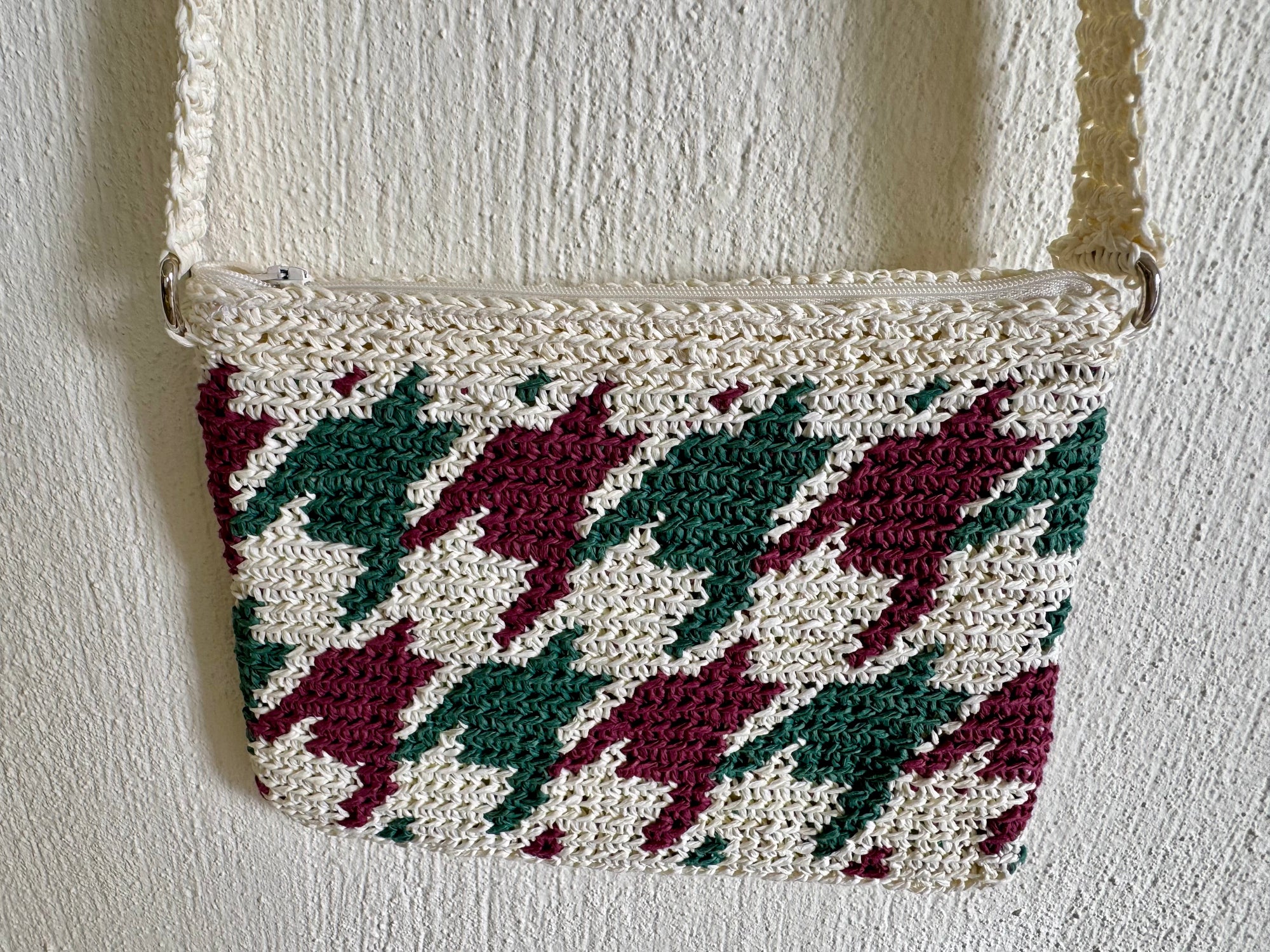 Ekru/Bordo/Yeşil - El Yapımı Wayuu Örgü Çanta - Kağıt İpten Astarlı & Cepli, Fermuarlı, Özel Tasarım Çapraz Çanta