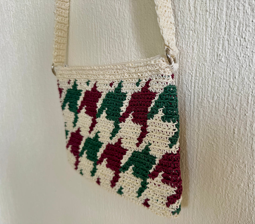 Ekru/Bordo/Yeşil - El Yapımı Wayuu Örgü Çanta - Kağıt İpten Astarlı & Cepli, Fermuarlı, Özel Tasarım Çapraz Çanta