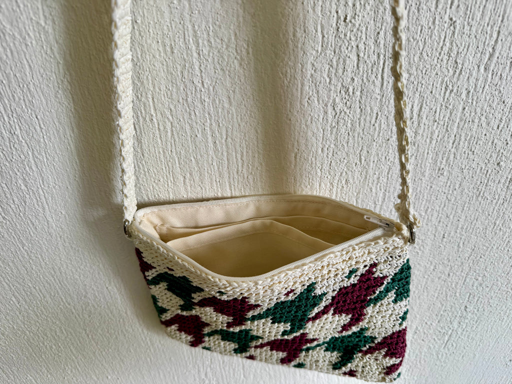 Ekru/Bordo/Yeşil - El Yapımı Wayuu Örgü Çanta - Kağıt İpten Astarlı & Cepli, Fermuarlı, Özel Tasarım Çapraz Çanta