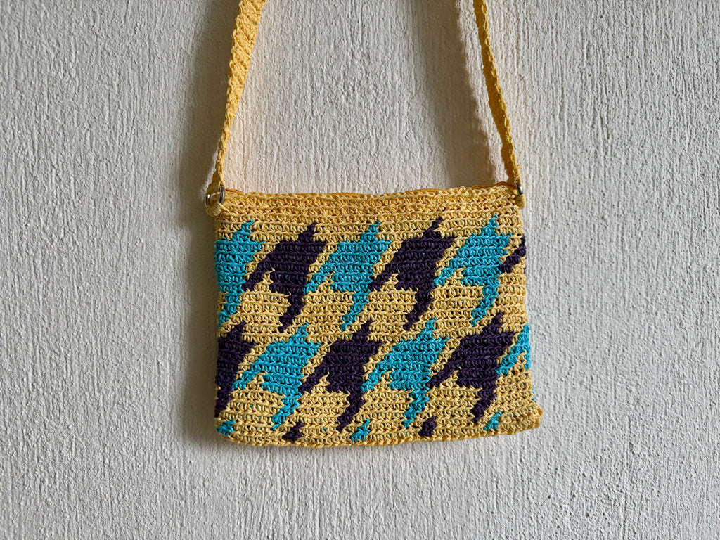 Sarı/Mor/Turkuaz - El Yapımı Wayuu Örgü Çanta - Kağıt İpten Astarlı & Cepli, Fermuarlı, Özel Tasarım Çapraz Çanta