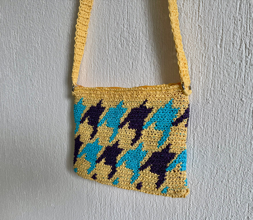 Sarı/Mor/Turkuaz - El Yapımı Wayuu Örgü Çanta - Kağıt İpten Astarlı & Cepli, Fermuarlı, Özel Tasarım Çapraz Çanta