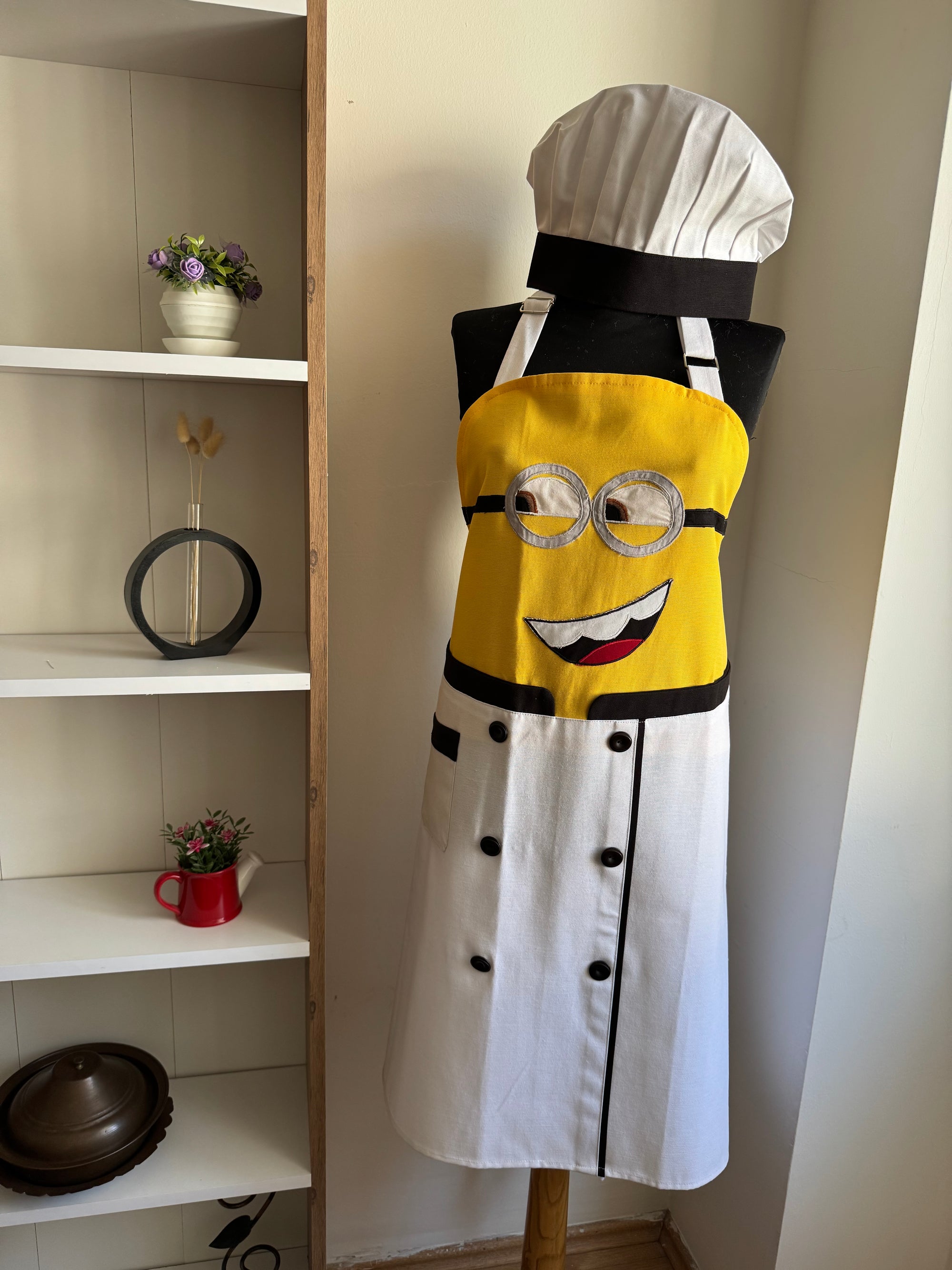Minyon (Minion) Aşçı Kostümü Mutfak Önlüğü Seti - Beyaz
