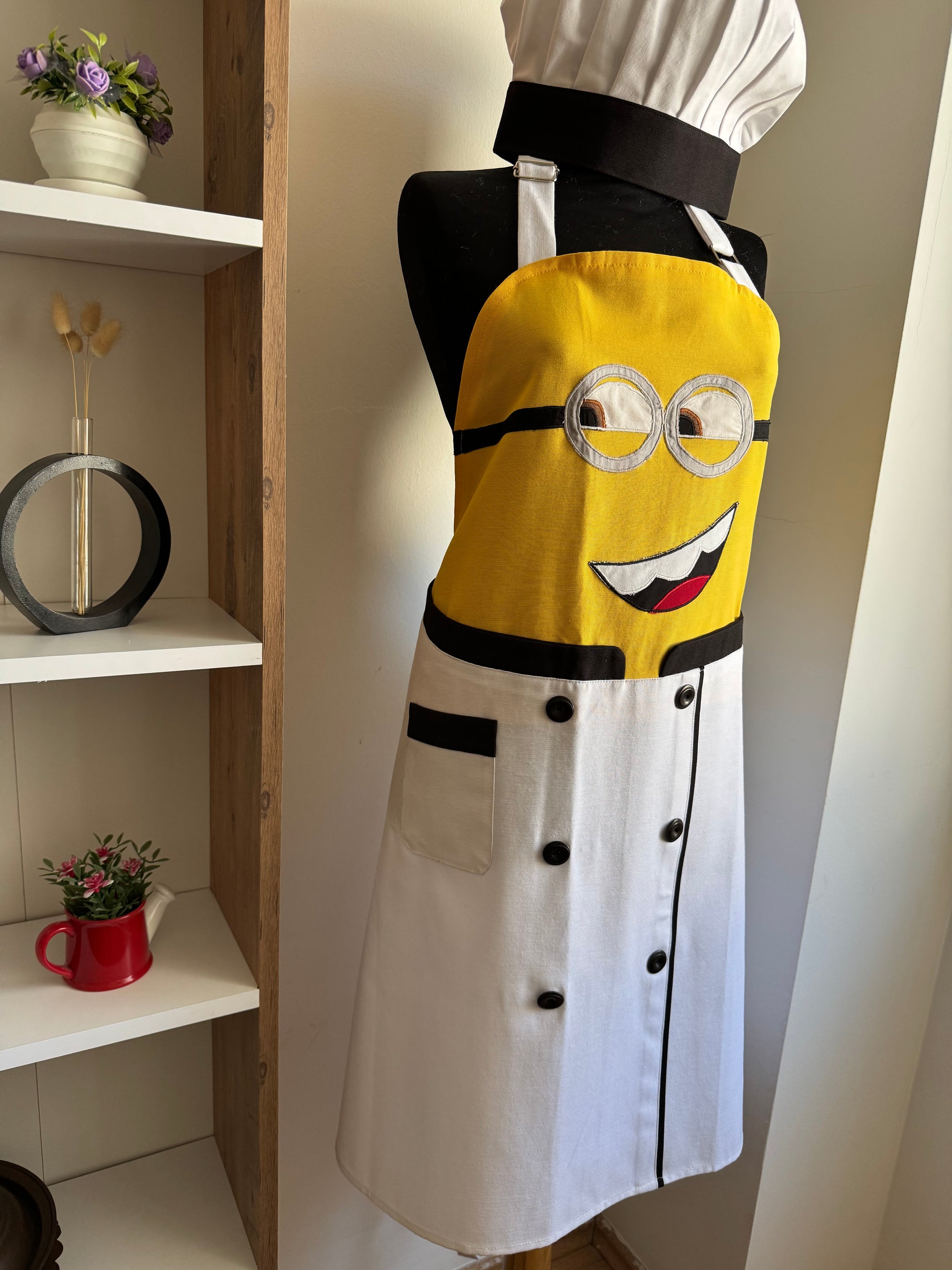 Minyon (Minion) Aşçı Kostümü Mutfak Önlüğü Seti - Beyaz