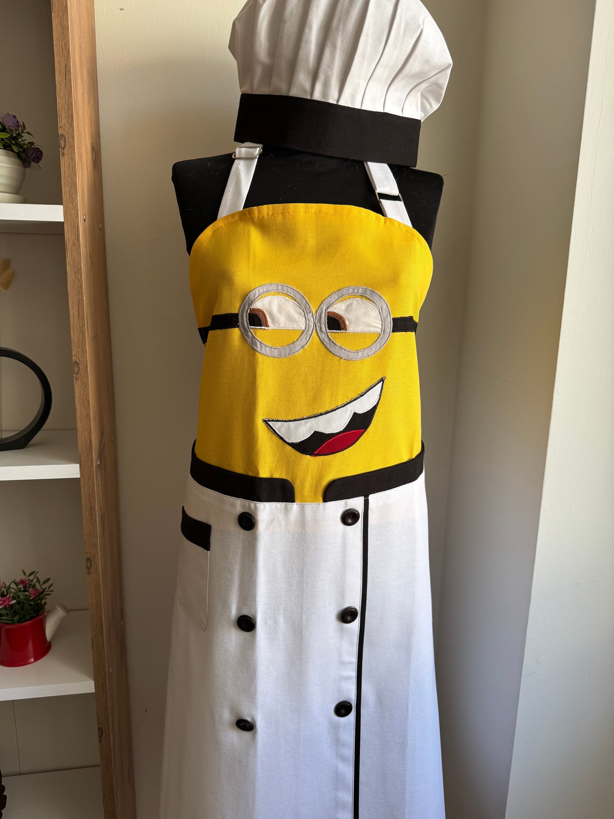 Minyon (Minion) Aşçı Kostümü Mutfak Önlüğü Seti - Beyaz