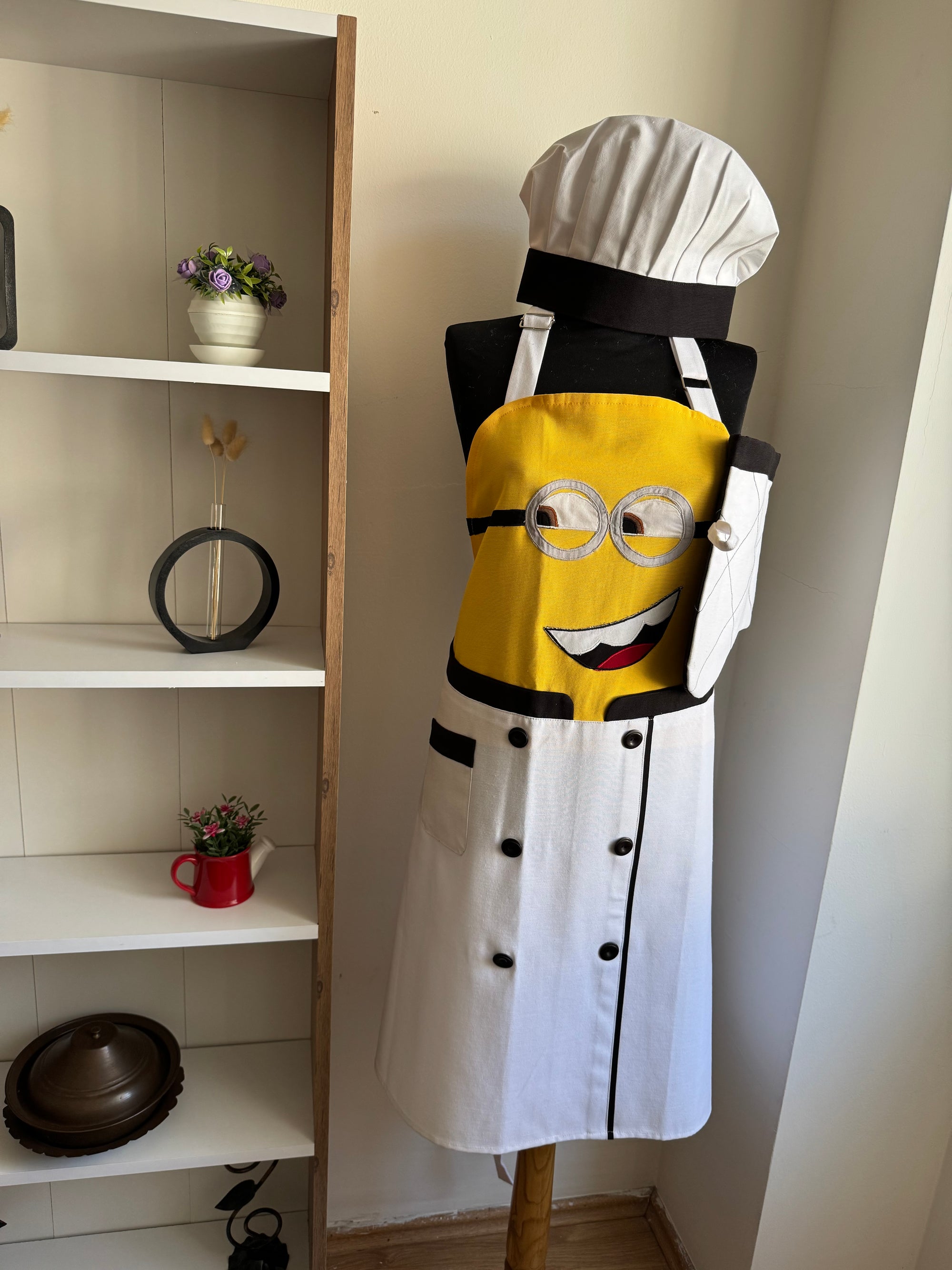 Minyon (Minion) Aşçı Kostümü Mutfak Önlüğü Seti - Beyaz