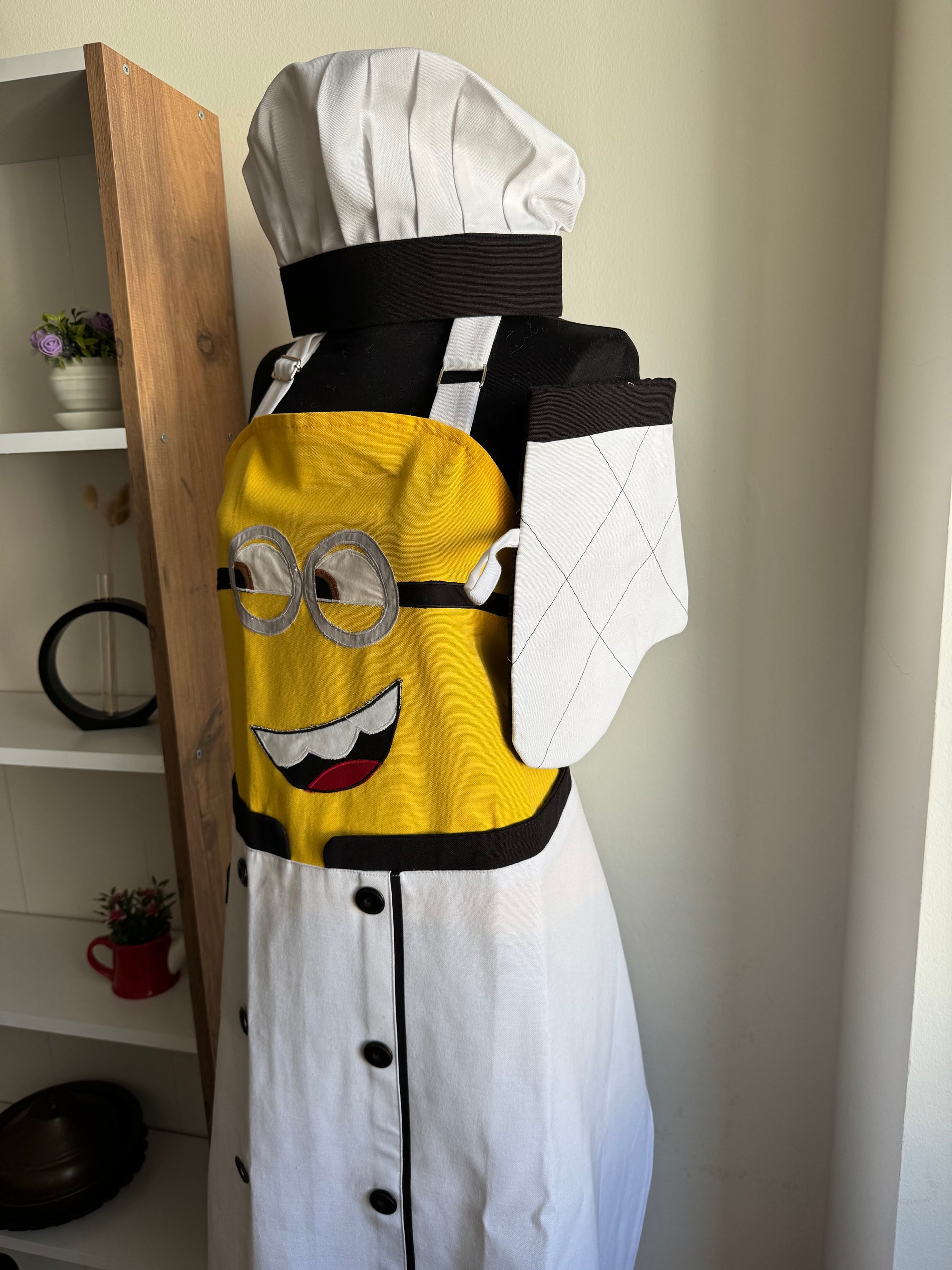 Minyon (Minion) Aşçı Kostümü Mutfak Önlüğü Seti - Beyaz