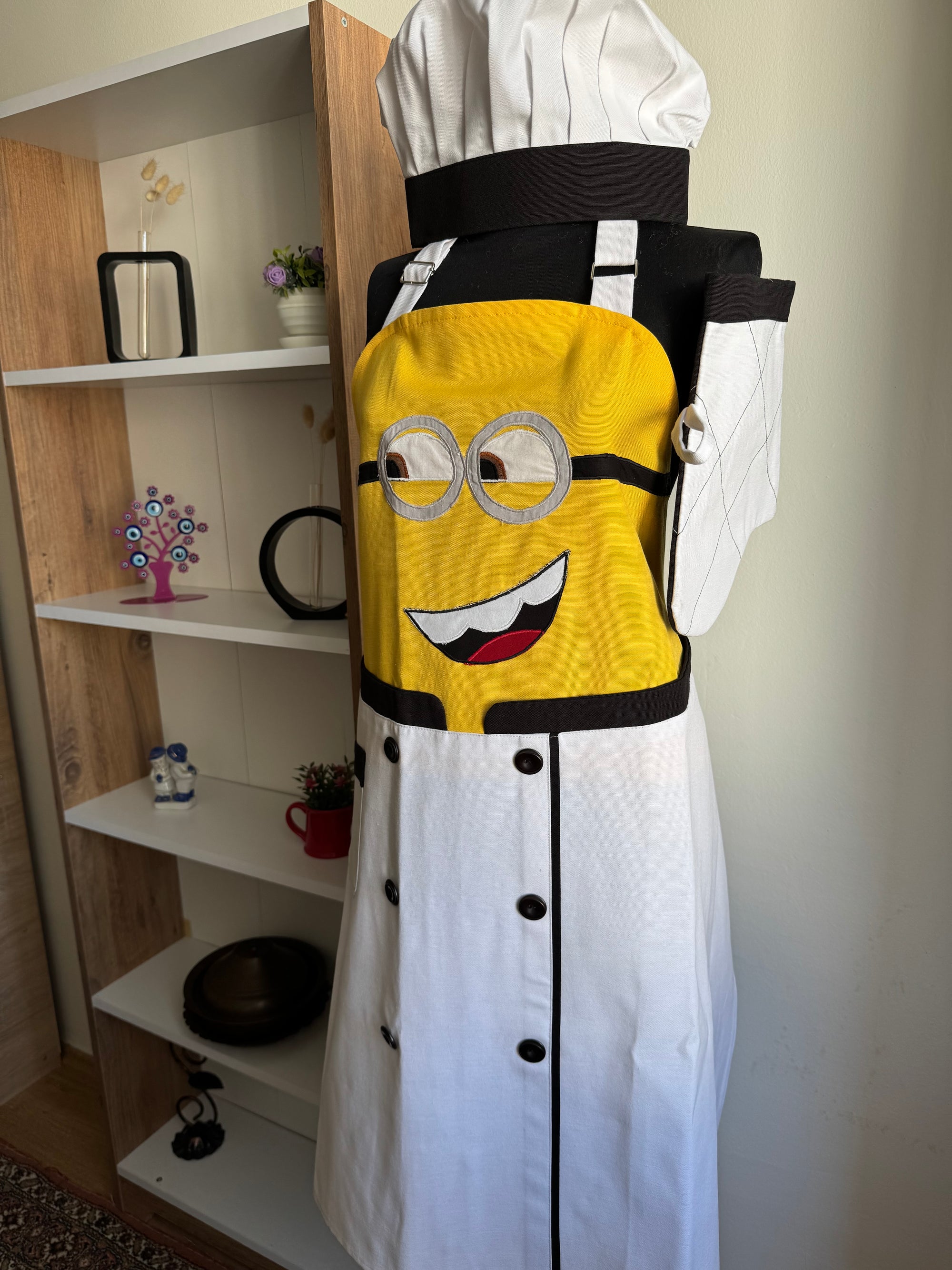 Minyon (Minion) Aşçı Kostümü Mutfak Önlüğü Seti - Beyaz