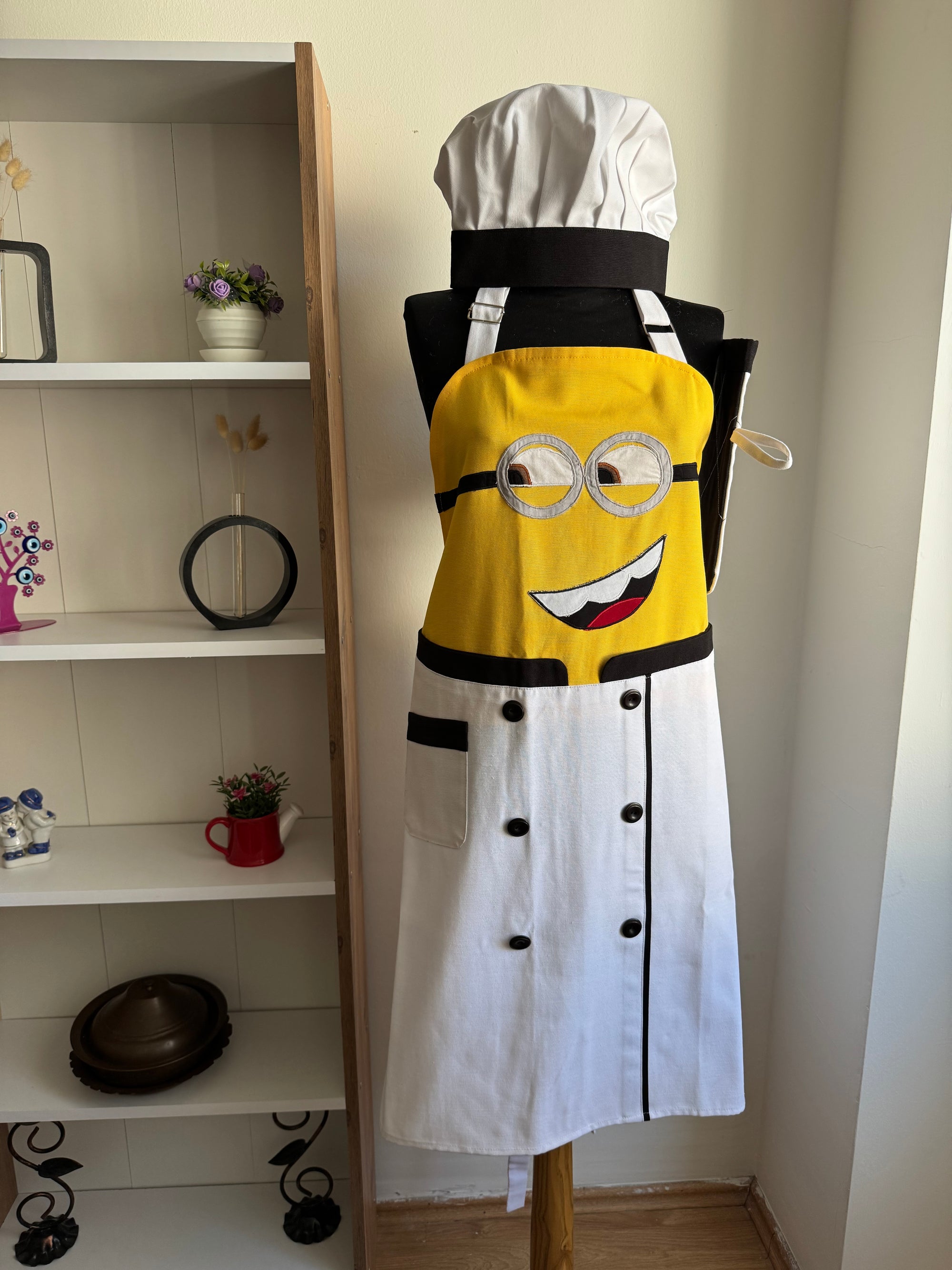 Minyon (Minion) Aşçı Kostümü Mutfak Önlüğü Seti - Beyaz