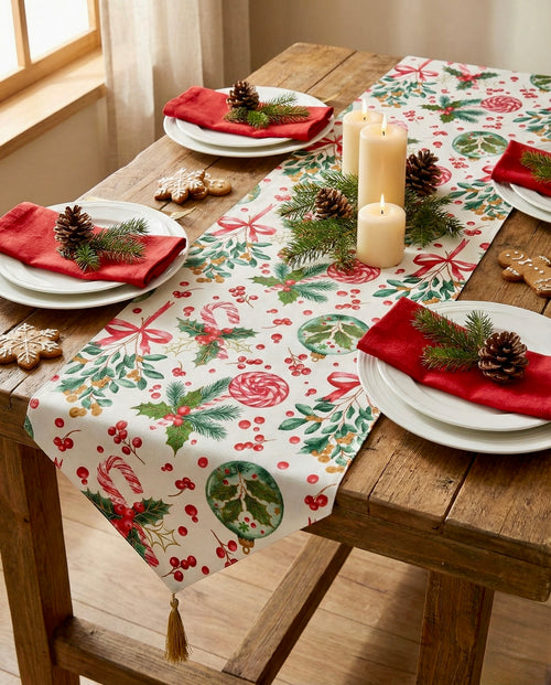 "Yılbaşı Büyüsü" El Yapımı Masa Runnerı - Baston Şeker & Kozalak Desenli, Altın Püsküllü