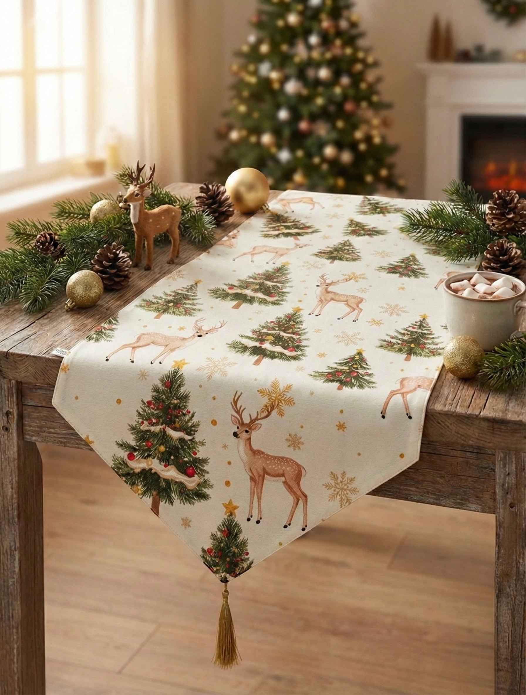 Yılbaşı Temalı Geyik ve Çam Ağacı Desenli Püsküllü Runner Masa Örtüsü