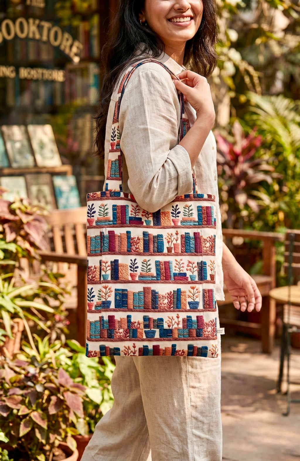 Kitap ve Bitki Desenli Dijital Baskı Tote Bag | Kitap Kurdu Omuz Çantası