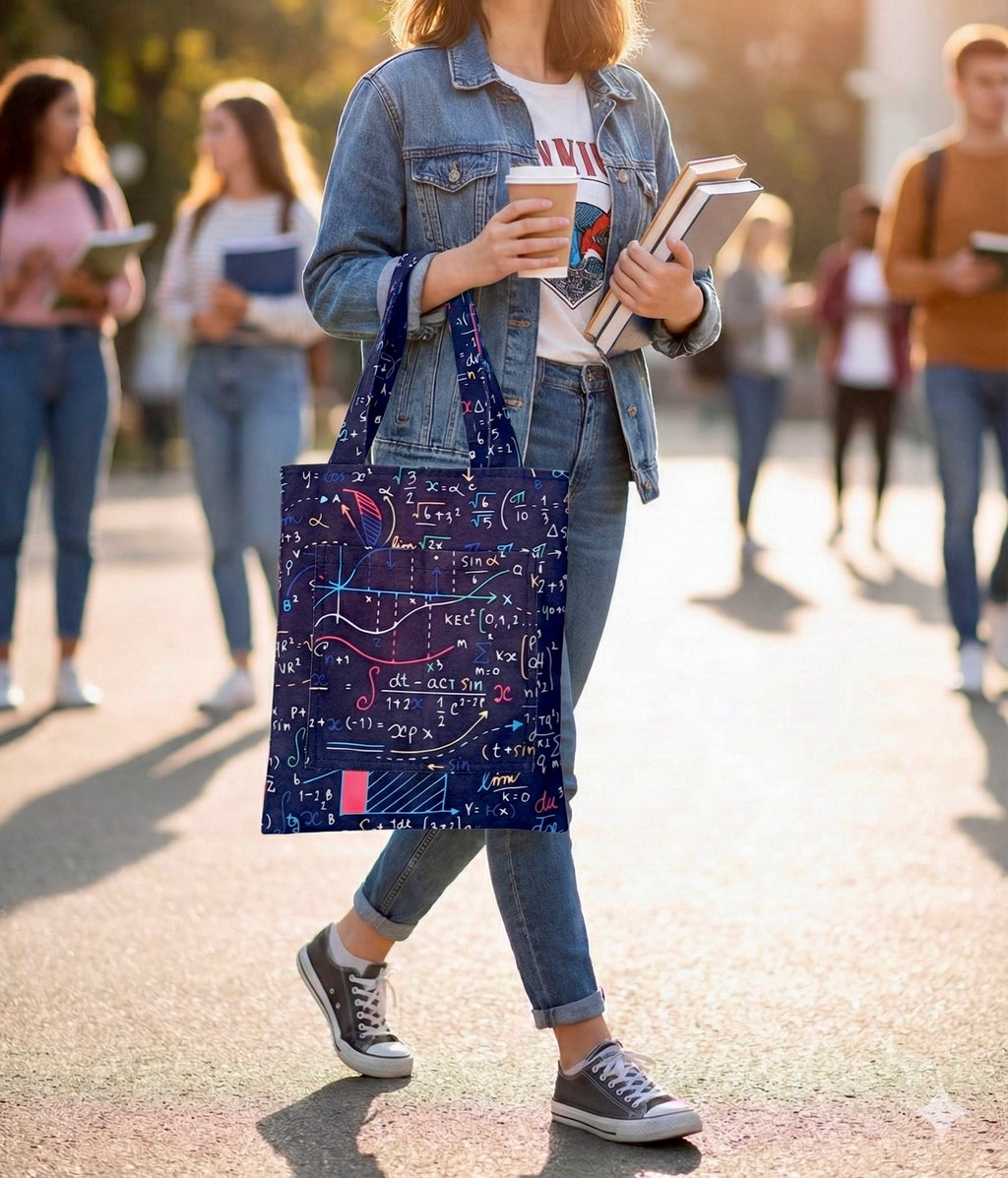 Matematik Formülleri Desenli Siyah Tote Bag | Sayısalcı Omuz Çantası