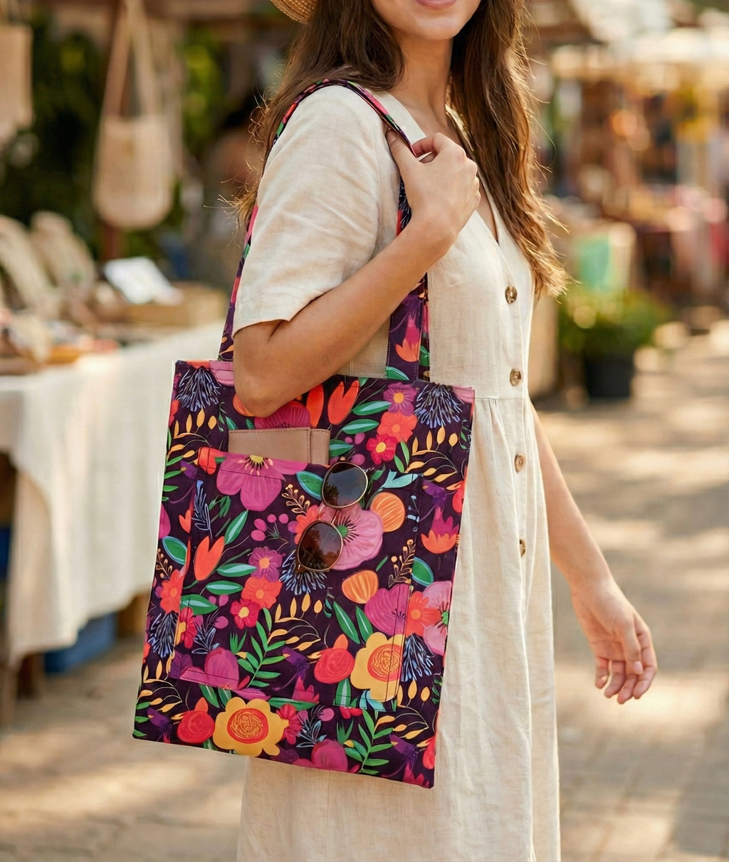 Renkli Çiçek Bahçesi Desenli Ön Cepli Tote Çanta - El Yapımı Günlük Omuz Çantası