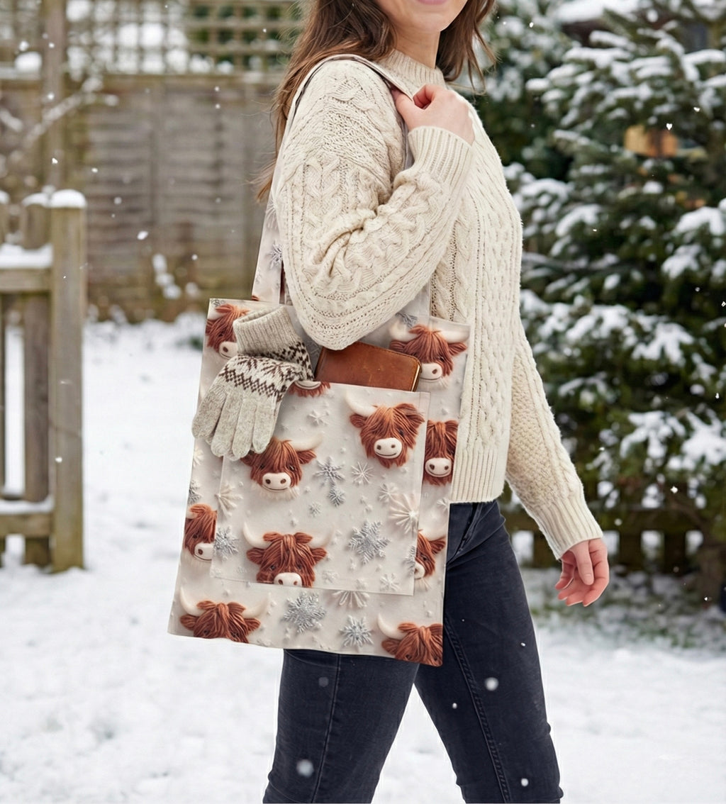 Sevimli İskoç İneği ve Kar Tanesi Desenli Cepli Bez Çanta