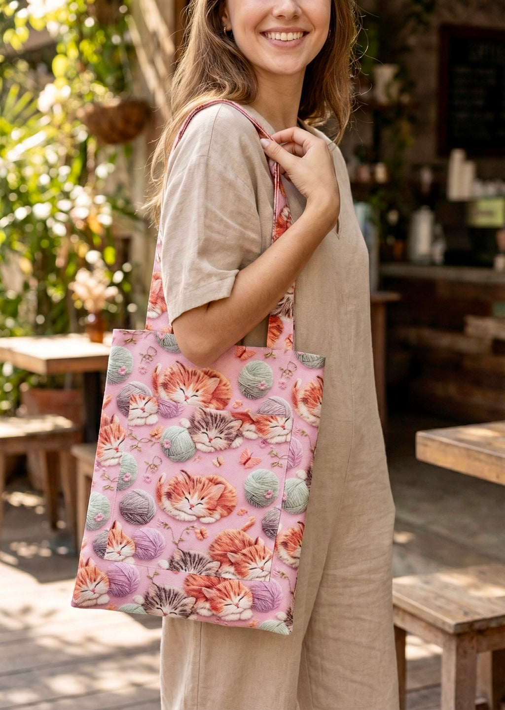 "Uykucu Kediler" Serisi: 3D Görünümlü & Elyaf Dolgulu El Yapımı Tote Çanta (Ön Cepli)