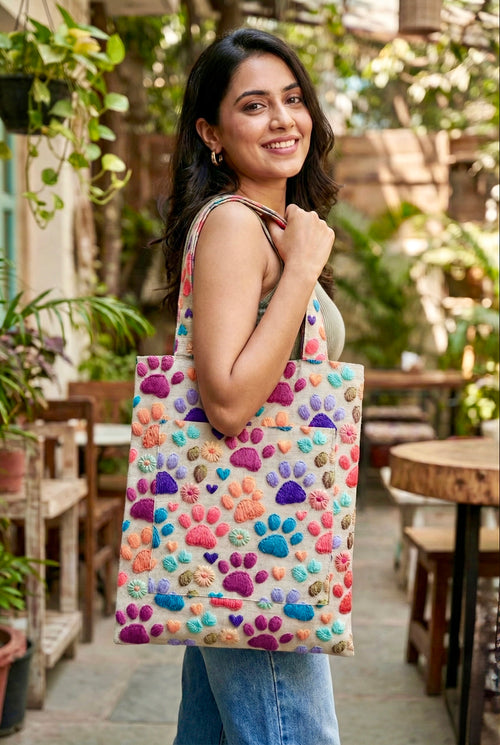 "Neşeli Patiler" Serisi: 3D Nakış Görünümlü & Elyaf Dolgulu Tote Çanta (Renkli)