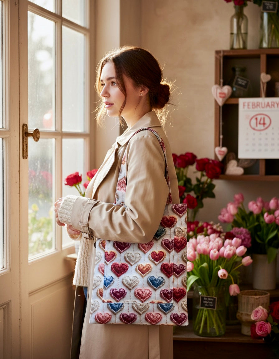 Kalp Desenli Tote Bag - 3D Efektli, Cepli ve Astarlı Omuz Çantası, Sevgililer Günü