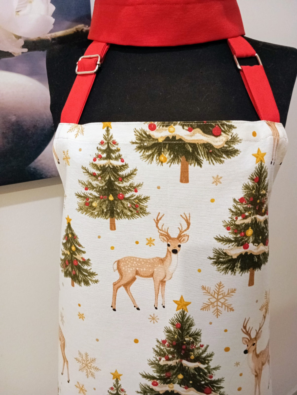 Yılbaşı Temalı Geyik ve Çam Ağacı Desenli Mutfak Önlüğü & Aşçı Şapkası Seti