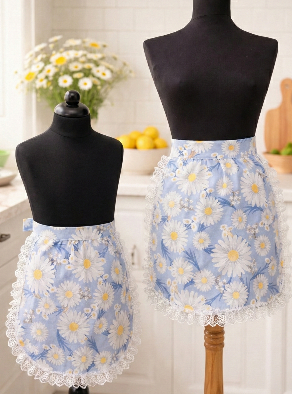 El Yapımı Anne Kız Kombin Yarım Önlük Seti - Papatya Desenli Duck Keten