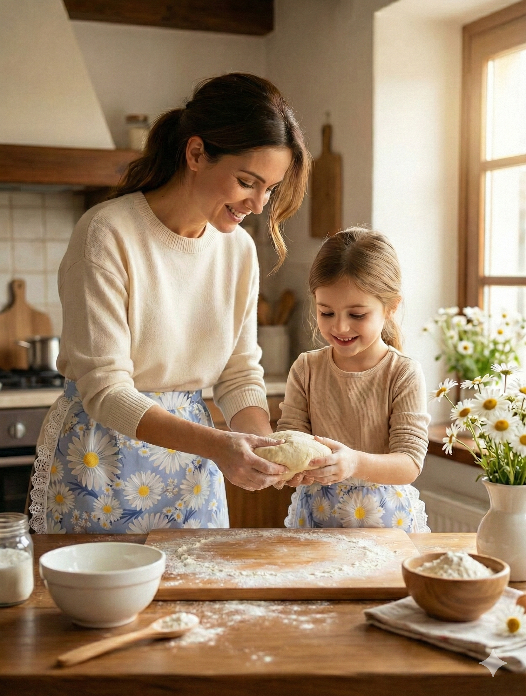 El Yapımı Anne Kız Kombin Yarım Önlük Seti - Papatya Desenli Duck Keten