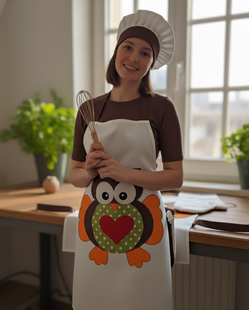 El Yapımı Baykuş Figürlü Mutfak Önlüğü Seti - Şapkalı ve Eldivenli (Beyaz)